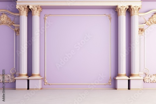 pastel purple empty wall adorned with columns and elegant design gold elements, creating a scene of timeless sophistication,mockup concept.