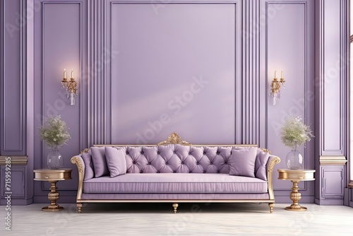 A pastel purple wall with refined elements, paired with a purple luxury sofa, creating a regal and timeless mock-up background.