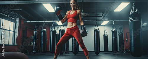 Sport woman with boxing gloves in fitness center posing. banner © Alena