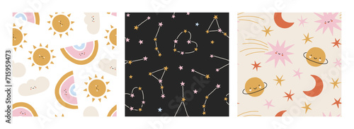 Set of cute childish vector seamless patterns. Trendy modern celestial background. Lovely cartoon patterns with stars, planets, constellations for nursery, Valentines designs, festive holidays