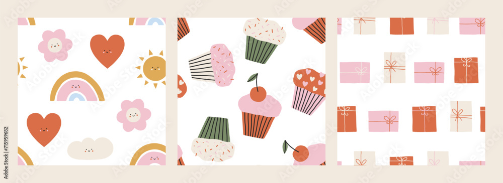 Set of cute childish vector seamless patterns. Trendy modern nursery background. Lovely cartoon patterns with cupcakes, gift boxes, flowers, hearts for nursery, Valentines designs, festive holidays Set of cute childish vector seamless patterns. Trendy modern nursery background. Lovely cartoon patterns with cupcakes, gift boxes, flowers, hearts for nursery, Valentines designs, festive holidays