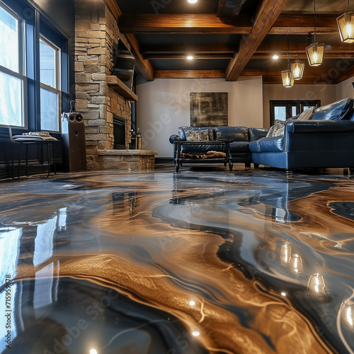 Wooden home interior with epoxy glossy floor and stone fireplace