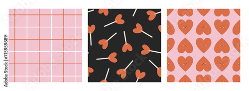 Set of Valentines vector seamless patterns. Groovy childish romantic background. Lovely cartoon patterns with grid, smiling hearts and lollipops for nursery, Valentines designs, romantic holidays