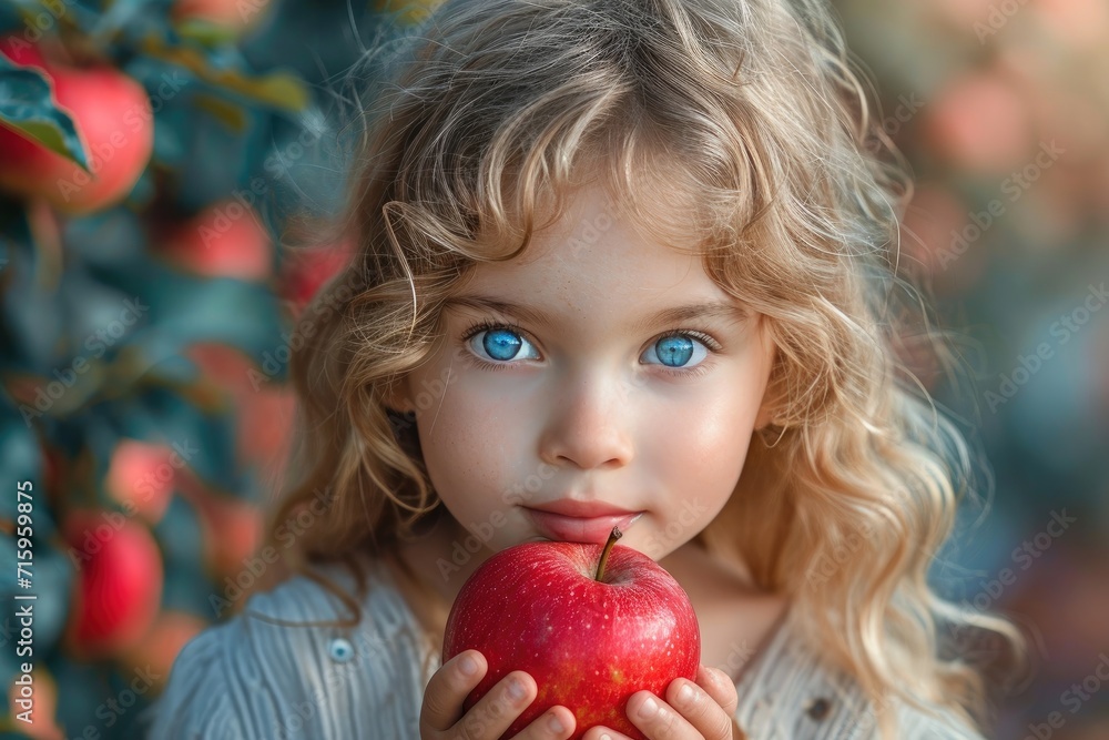 A young girl, with a face full of innocence and curiosity, holds a vibrant red apple in the natural outdoor setting, representing the pure and simple joy of enjoying natural foods as a child A young girl, with a face full of innocence and curiosity, holds a vibrant red apple in the natural outdoor setting, representing the pure and simple joy of enjoying natural foods as a child