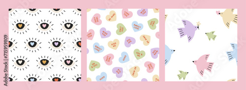 Set of Valentines vector seamless patterns. Groovy trendy romantic background. Lovely cartoon patterns with eyes, candy hearts and birds for Valentines designs, fabric, wallpaper. Love concept