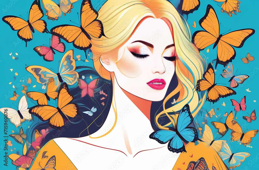 very beautiful blonde young woman with butterflies
