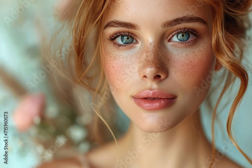 A striking girl with freckles and piercing blue eyes stares intensely at the camera, her perfectly groomed eyebrows and luscious eyelashes adorned with bold makeup, as she holds onto a toy doll that  photo