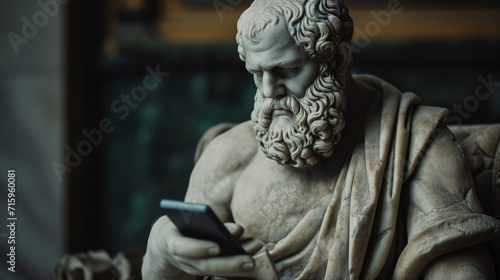 Philosopher Statue Engrossed in Modern Technology
