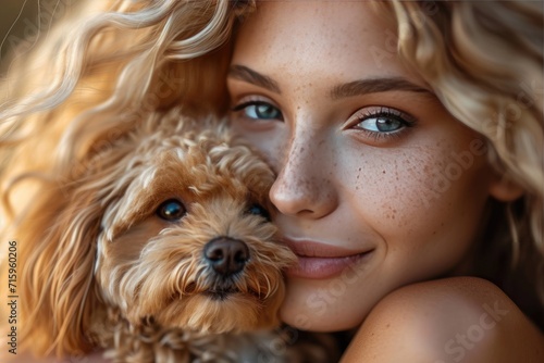 A joyful labradoodle and a freckled woman strike a playful pose, showcasing the bond between a pet and their person