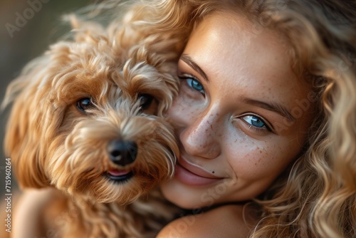 A joyful girl embraces her beloved labradoodle-poodle crossbreed in a heartwarming display of love and companionship
