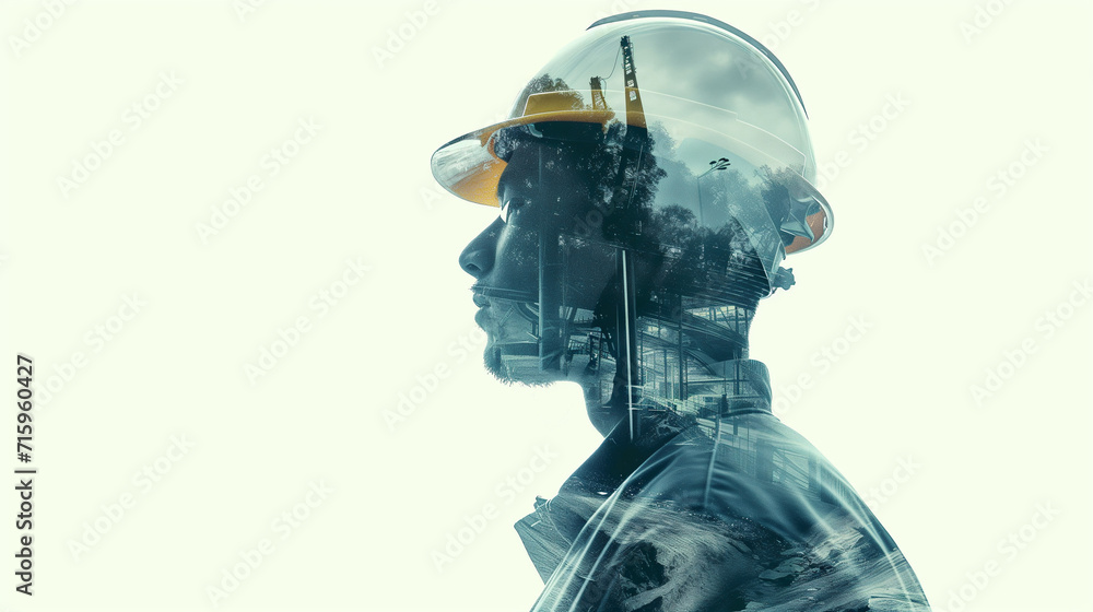 Double Exposure of Construction Worker and Industrial Scene Double Exposure of Construction Worker and Industrial Scene