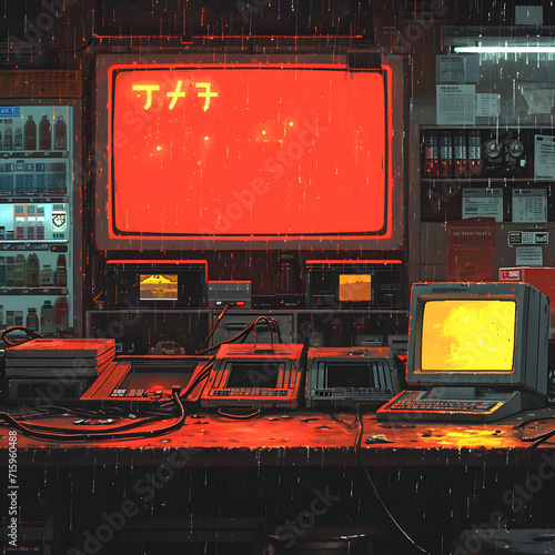 Refugio cibernético en la lluvia: un vistazo nostálgico a la era digital temprana bajo neón. photo