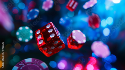 Vivid red dice and poker chips in dynamic casino background