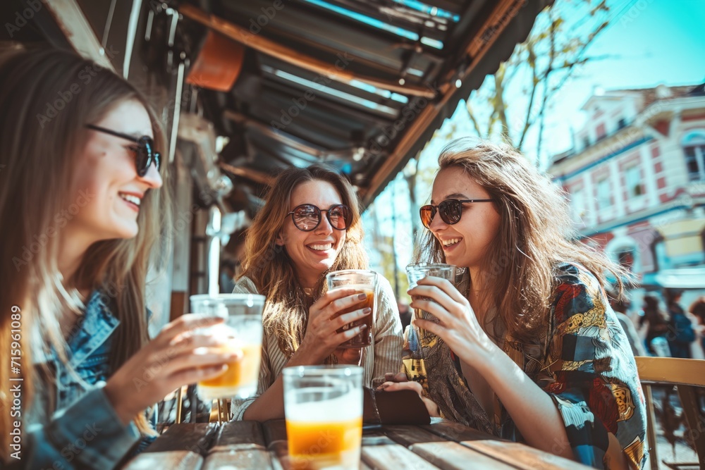 3 girls, friends having a drink together on a sunny terrace. 3 copines qui prennent un verre ensemble sur une terrasse ensoleillée. 3 girls, friends having a drink together on a sunny terrace. 3 copines qui prennent un verre ensemble sur une terrasse ensoleillée.