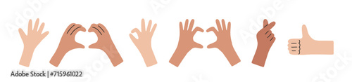 Hand drawn vector hand gestures set isolated on white. Okay and love symbol, high five, thumbs up, heart shape. Trendy hands poses. Support, love, volunteering charity, votes, hope, donation concept