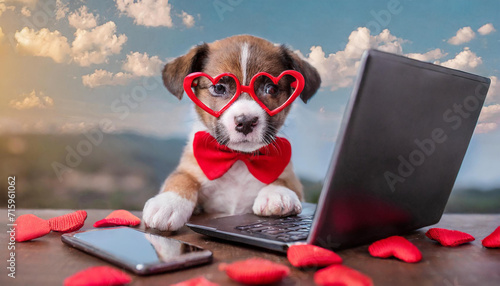 a puppy wearing valentine heart glasses conducting business with a laptop and cell phone, valentine hearts photo