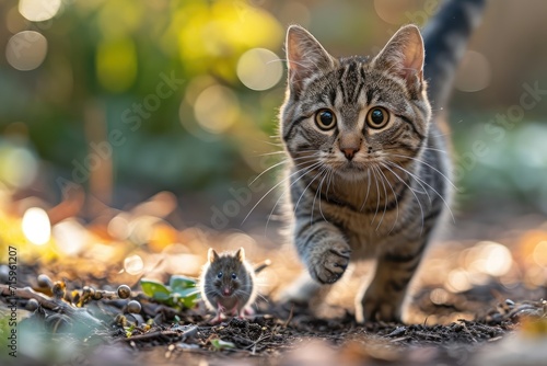 A fierce felidae chasing its prey, with wildcat instincts and domestic cat agility, whiskers twitching as it pounces on the unsuspecting mouse in the outdoor setting photo
