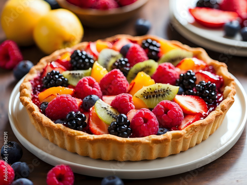 A colorful fruit tart with a buttery, flaky crust.