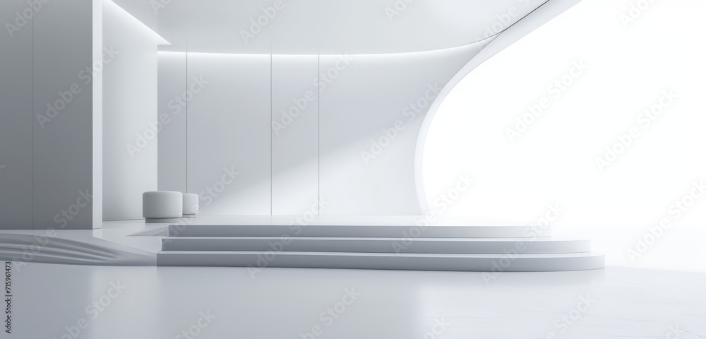 Fototapeta premium Modern minimalist room with steps in white and grey colours for product display. 