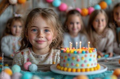 A joyous toddler celebrates her birthday with a colorful, sugary cake adorned with buttercream icing and royal icing decorations, as she eagerly blows out the candles surrounded by party supplies and