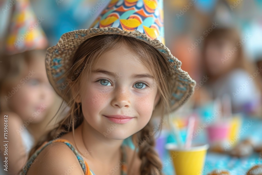 A young girl radiates joy as she proudly dons a sun hat, adding a touch of fashion and charm to her outdoor portrait