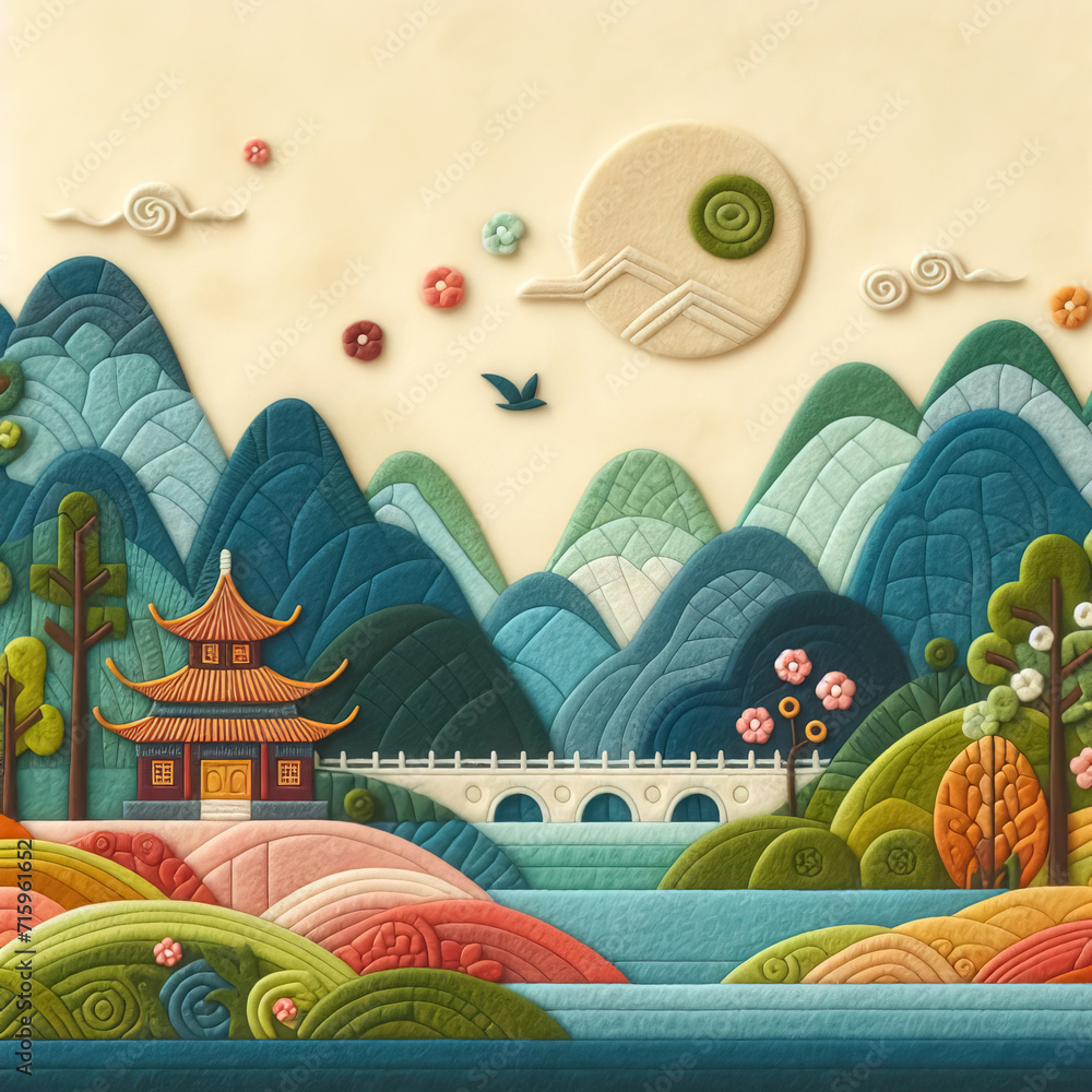 felt art patchwork, mountains host Chinese ancient architecture felt art patchwork, mountains host Chinese ancient architecture