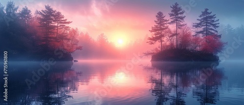 Serene landscape at dawn, soft pastel colors blending with the morning light