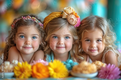A cheerful group of young girls, adorned with delicate flowers in their hair, beam with happiness and innocence as they pose for a photo indoors, showcasing their unique headbands and headpieces
