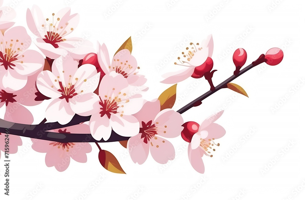 Fototapeta premium Cherry blossoms flowers in blooming on branch on pink background. Spring and romantic Sakura, apple tree. White isolated background