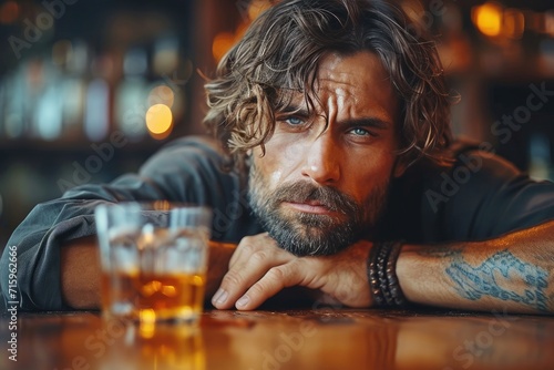 Amidst the dimly lit bar, a bearded man sits at a table, lost in thought as he nurses his drink, his glasses reflecting the weariness etched on his face