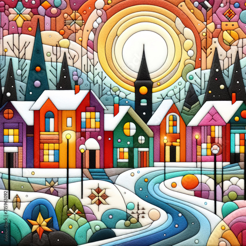 felt art patchwork, European colorful houses along winter snowy street, minimalist style flat art design landscape © lali
