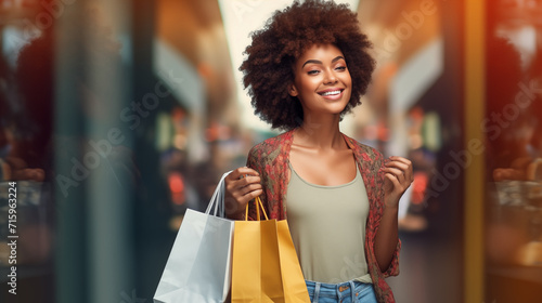 A Black African American woman with an afro standing in front of a store and carrying shopping bags, smiling and walking downtown, shops nearby  photo