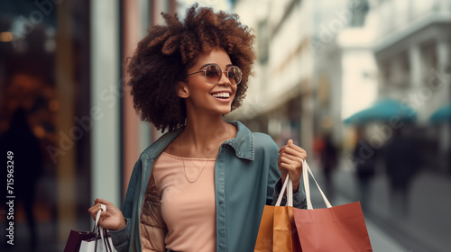 Black African American woman with an afro and wearing sunglasses, carrying shopping bags, smiling and walking downtown, shops nearby  photo