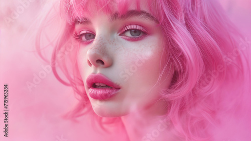 Portrait of a woman with pink hair on a background of pink smoke or fog.