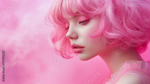 Portrait of a woman with pink hair on a background of pink smoke or fog.