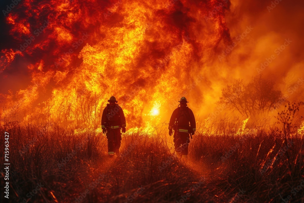 A brave firefighter braves the heat and smoke of a raging wildfire, their silhouette standing tall against the flames and pollution, a symbol of hope and heroism in the face of destruction