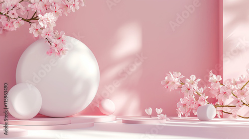 Blush Elegance: Pink Background with Flowers and White Objects - Modern Minimalist Design