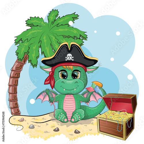 Cute cartoon green dragon pirate in a cocked hat. Symbol of 2024 according to the Chinese calendar