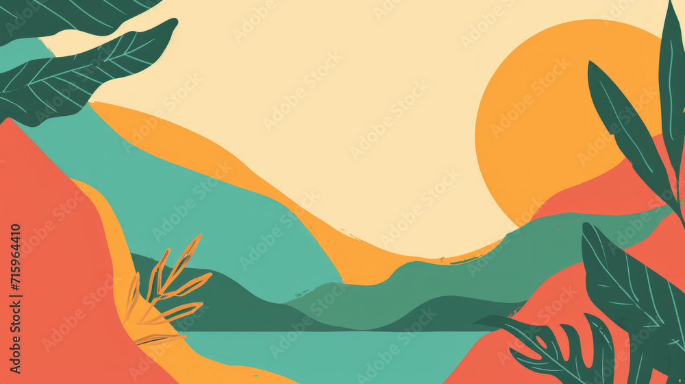 Fototapeta premium Summer Hues: Warm Color Wallpaper with Minimalistic Abstract Landscape Shapes