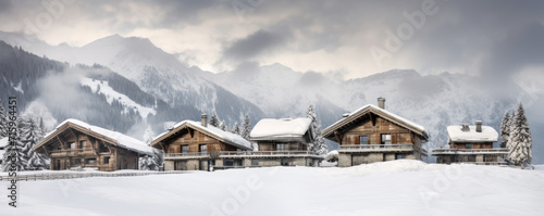 Alpine huts or cottages in winter land. Panoramatic view on chalets covered with snow in evening time. © Alena