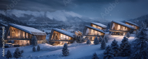 Alpine huts or cottages in winter land. Panoramatic view on chalets covered with snow in evening time. photo
