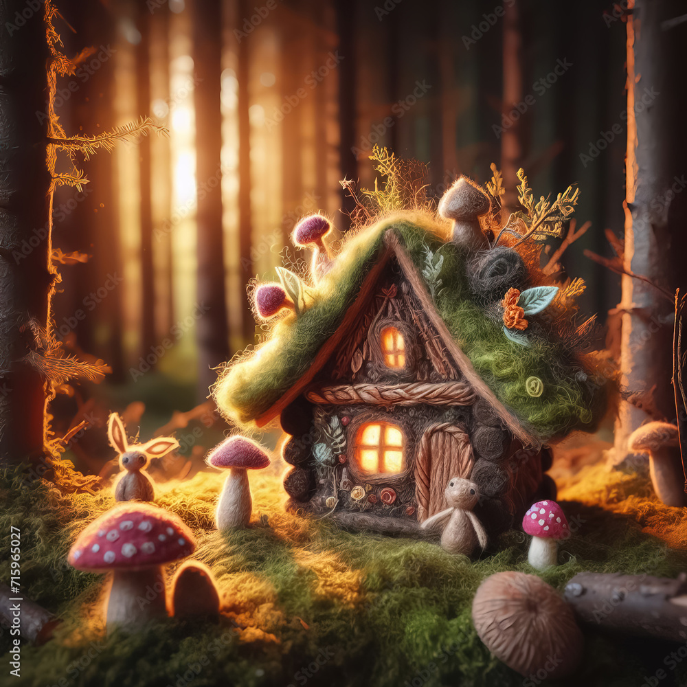 Fototapeta premium felt art patchwork, Fantasy home of tiny wood dweller in forest