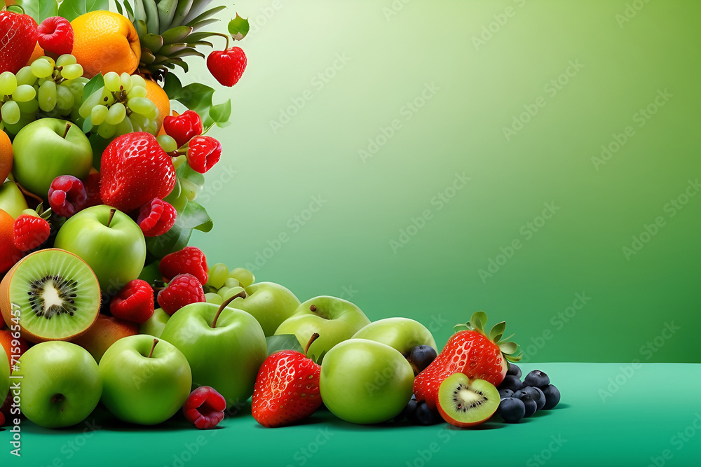 vegetables and fruit on green background vegetables and fruit on green background
