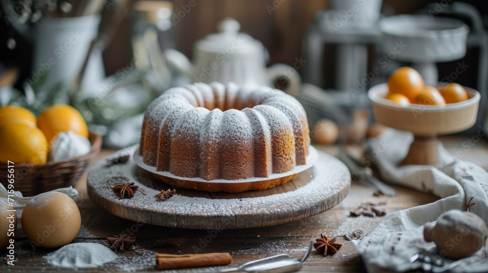 A bundt cake sitting on top of a wooden table A bundt cake sitting on top of a wooden table