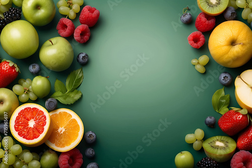 vegetables and fruit on green background