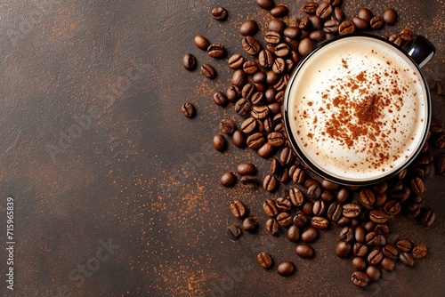 Close up of cappuccino coffee with coffee beans on a brown textured background. Free space for placing advertising text on the background. Banner with copy space
