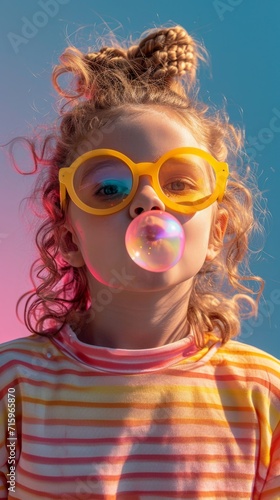 A little girl wearing yellow glasses blowing a bubble