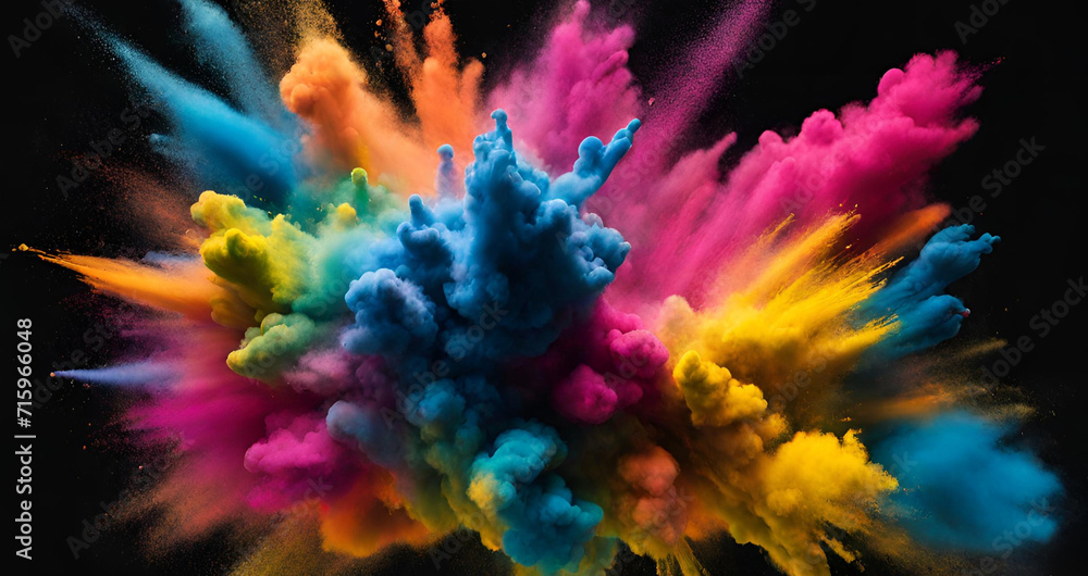 Beautiful holi powder colors explosion close up image, Abstract multicolored powder explosion on black background, Colorful rainbow holi paint powder explosion on black background illustration.