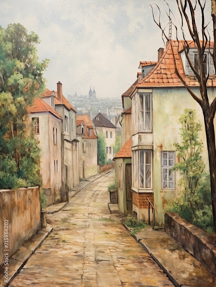 Alluring Country Landscape Painting of Elegant Parisian Streets in the Charming Outskirts