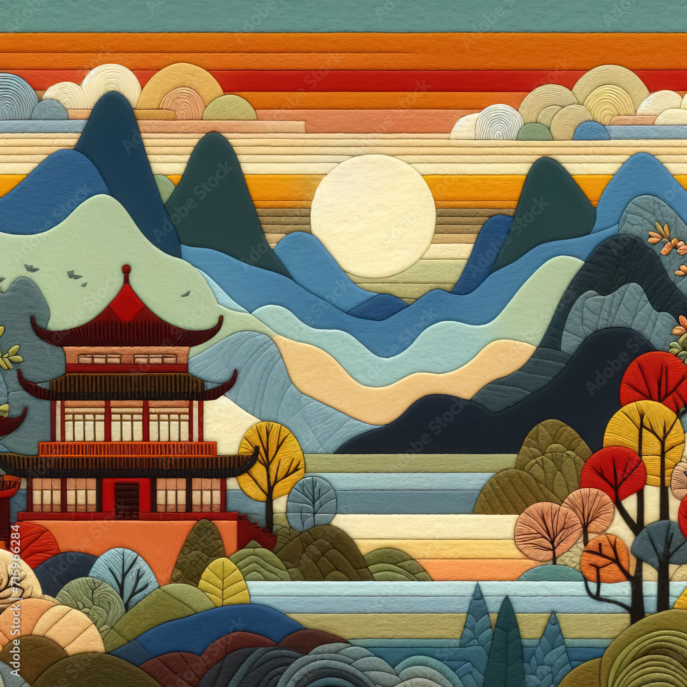 Fototapeta premium felt art patchwork, mountains host Chinese ancient architecture